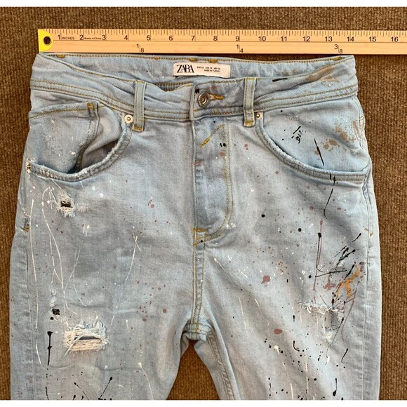 Zara Jeans Mens 30 Paint Splatter Distressed Raw Hem Slim Tapered Denim - Picture 3 of 7